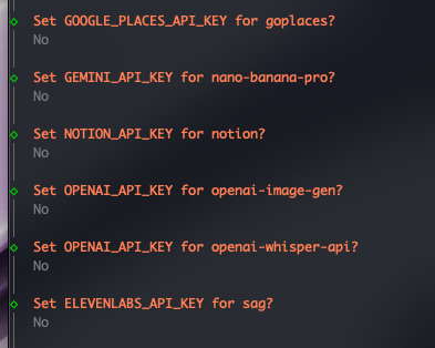Terminal prompt asking the user to set six different API keys for six different tools
